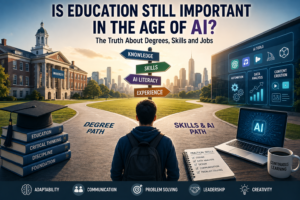Education in the age of AI showing the choice between degrees, practical skills, AI literacy and career experience