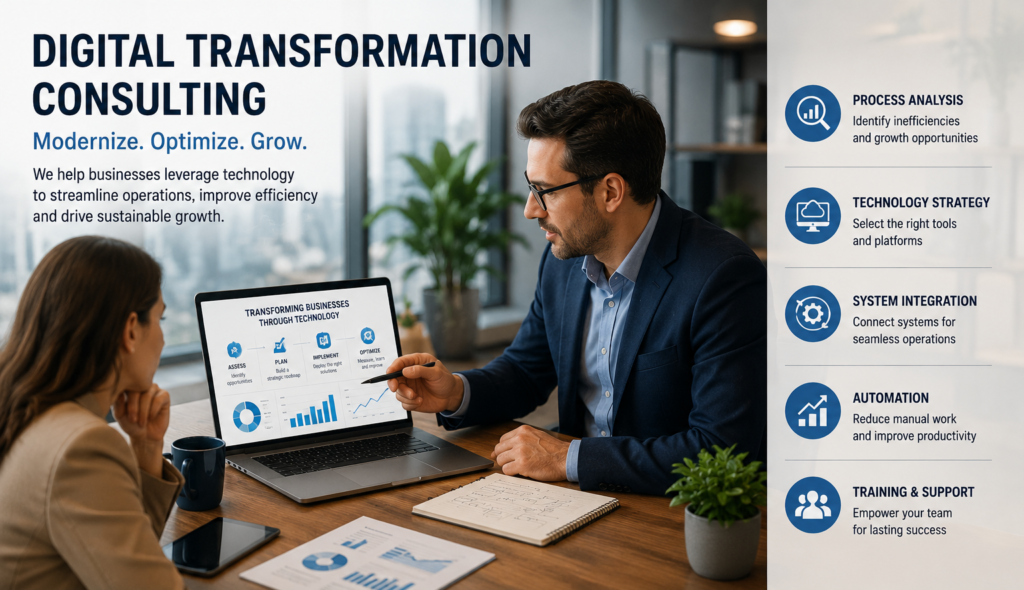 Business consultant helping a company improve digital workflows and technology