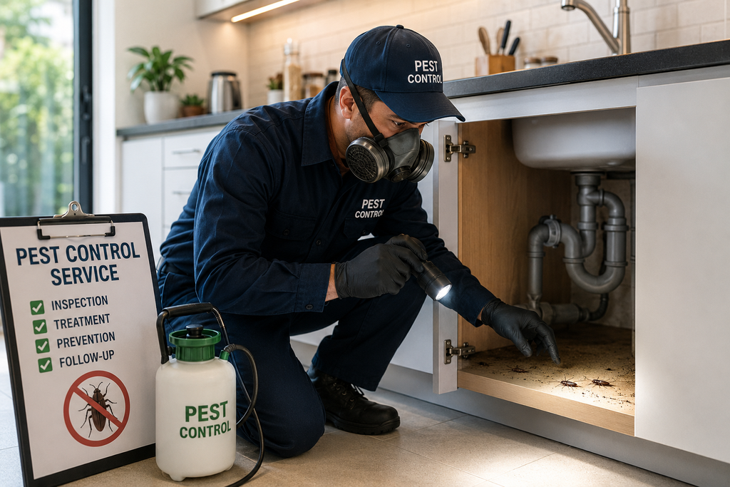 Pest control technician inspecting dead cockroaches under a sink with professional pest control equipment