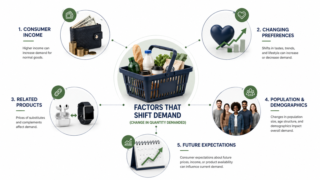 Major factors that shift consumer demand including income, preferences, related products, demographics and future expectations