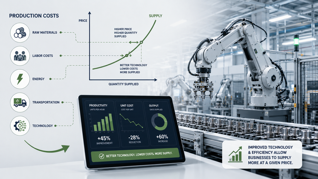 Modern factory showing how production costs and improved technology can increase the quantity businesses supply