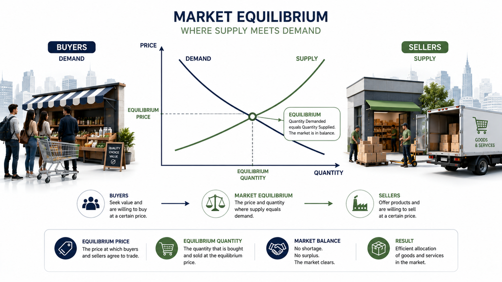Supply and demand curves intersecting at market equilibrium where quantity demanded equals quantity supplied