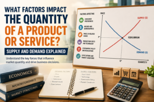 Supply and demand graph showing factors that impact the quantity of a product or service and determine market equilibrium