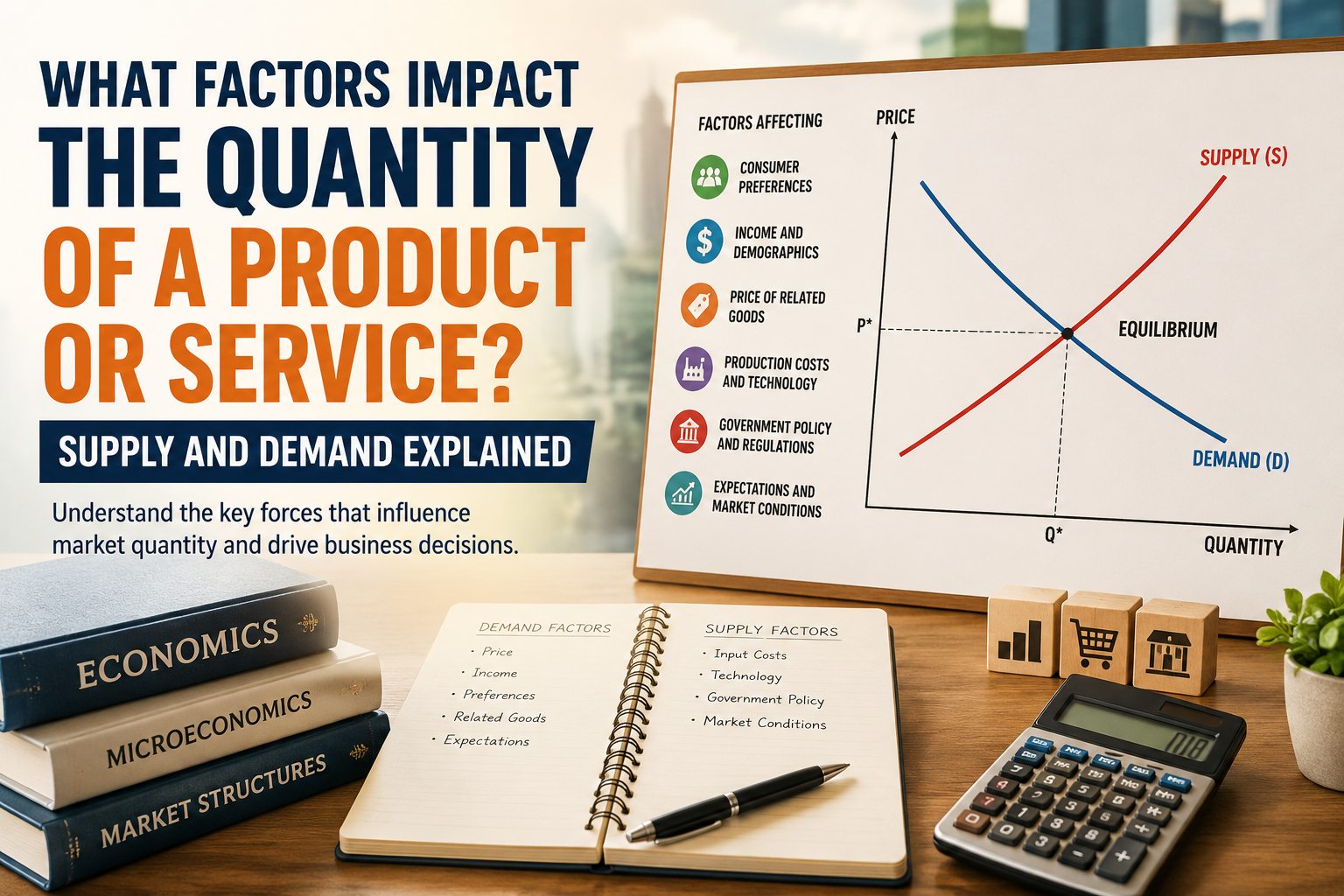Supply and demand graph showing factors that impact the quantity of a product or service and determine market equilibrium