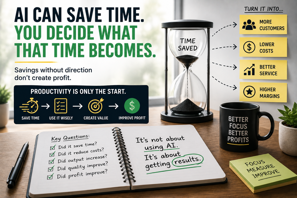 AI productivity illustration showing how time savings can lead to more customers, lower costs and higher margins