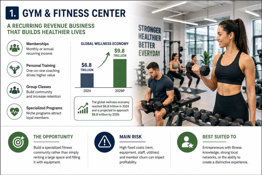 Small business ideas for 2027 featuring a gym and fitness center with recurring membership revenue.