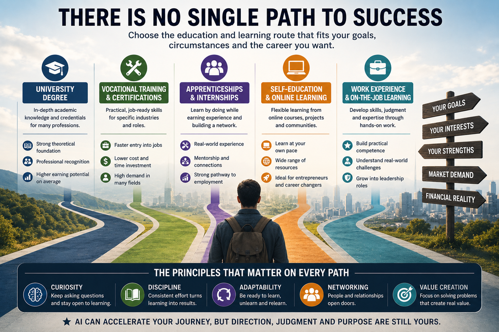 Education and career paths including university, vocational training, apprenticeships, online learning and work experience