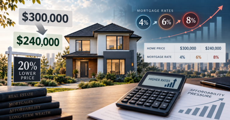Housing affordability comparison showing a 20% lower home price alongside rising mortgage interest rates