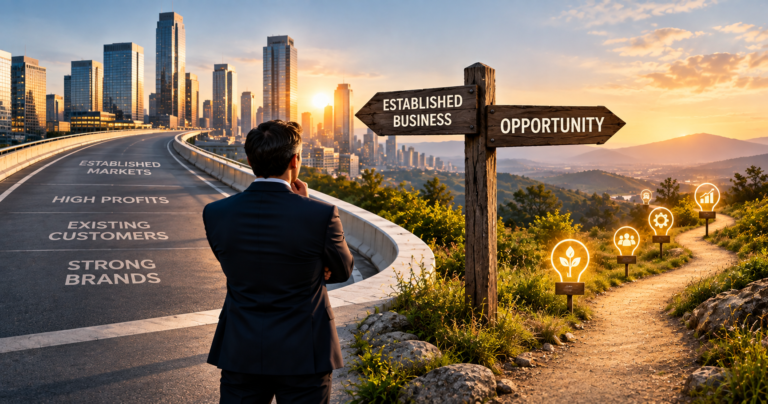 Successful company choosing between established business and a new market opportunity