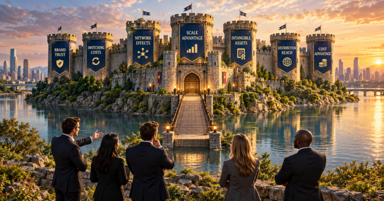 Economic moat protecting a business through seven durable competitive advantages