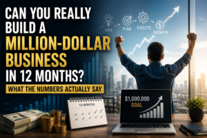 Million-dollar business in 12 months showing business growth, revenue goals and entrepreneurial planning