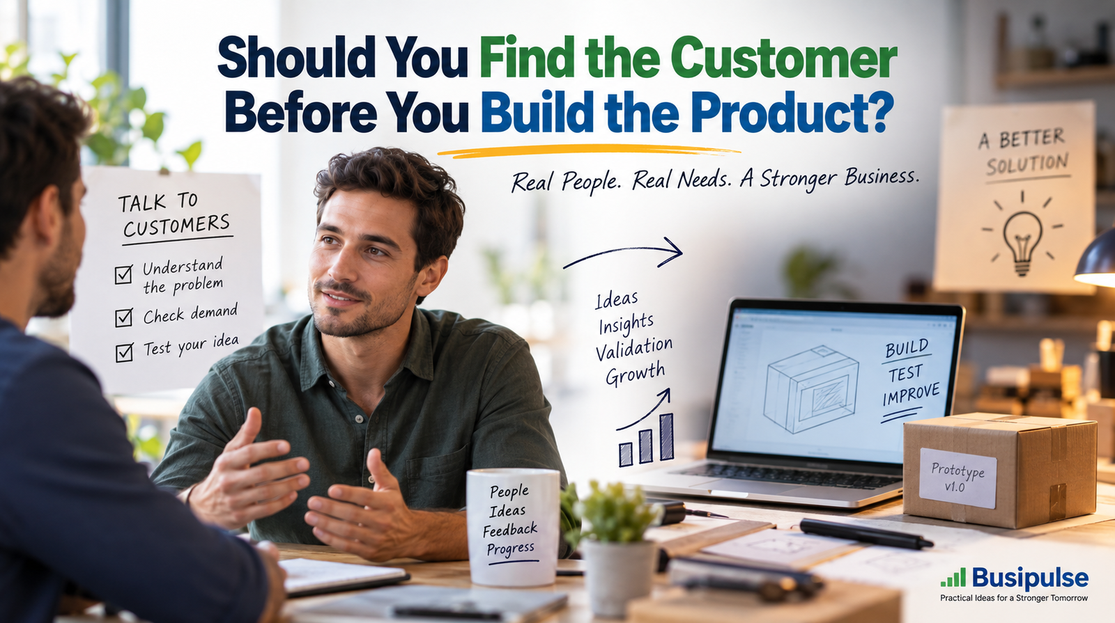 Customer before product approach showing an entrepreneur talking with a potential customer