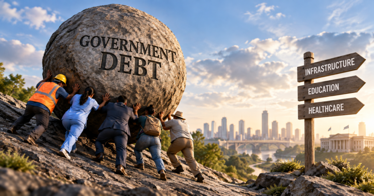 Government debt represented by a massive boulder being pushed uphill toward public infrastructure and economic development