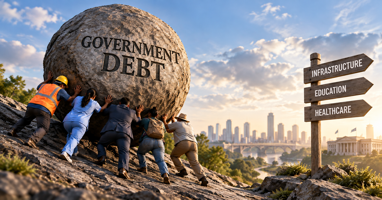Government debt represented by a massive boulder being pushed uphill toward public infrastructure and economic development