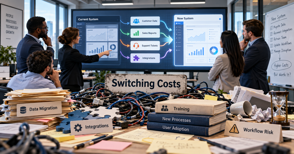 Switching costs from data migration, integrations, employee training, and workflow disruption
