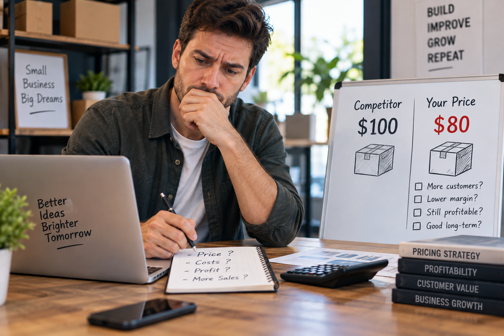 Entrepreneur comparing a $100 competitor price with an $80 startup price