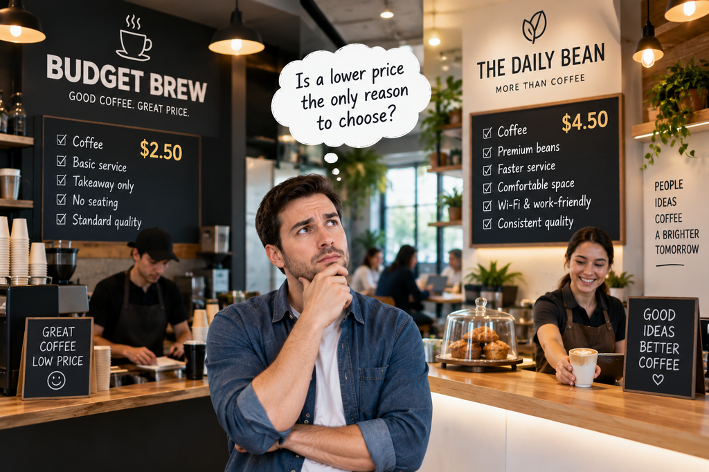 Customer comparing a $2.50 budget coffee with a $4.50 premium café experience