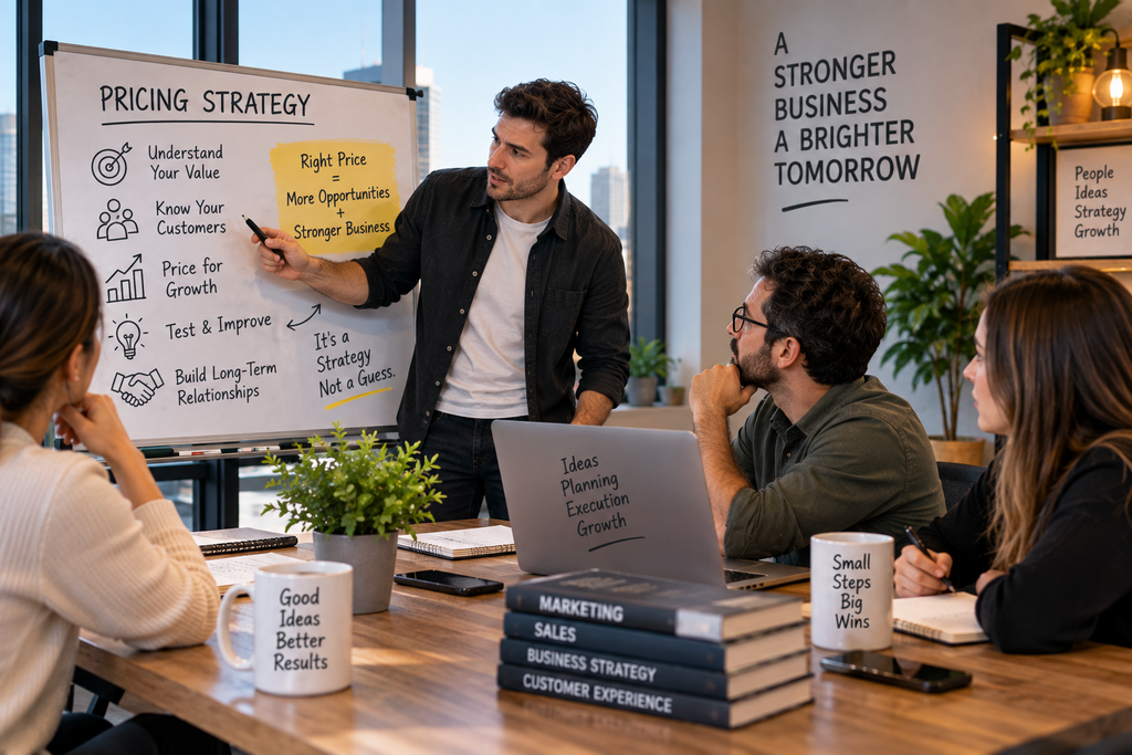 Startup team discussing pricing strategy before reducing customer prices