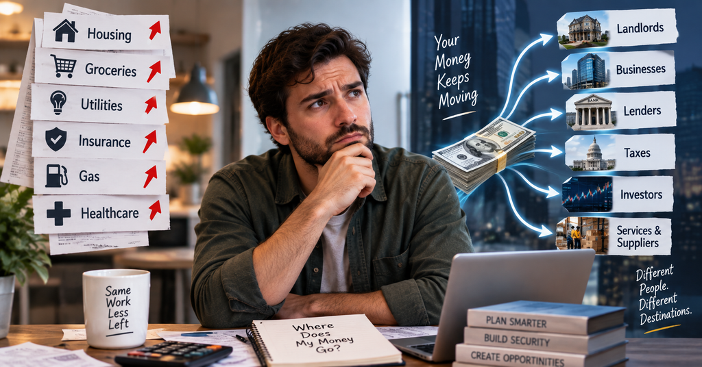 Household income flowing toward living costs, debt payments, taxes, businesses, landlords and investors.