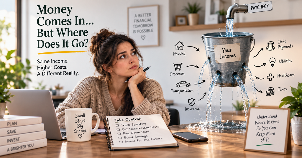 Paycheck flowing into a leaking income bucket as housing, groceries, transportation, insurance, debt, utilities, healthcare and taxes drain household money