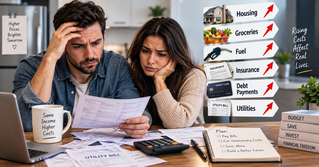 Couple reviewing household bills as rising housing, groceries, fuel, insurance, debt and utility costs squeeze their income.