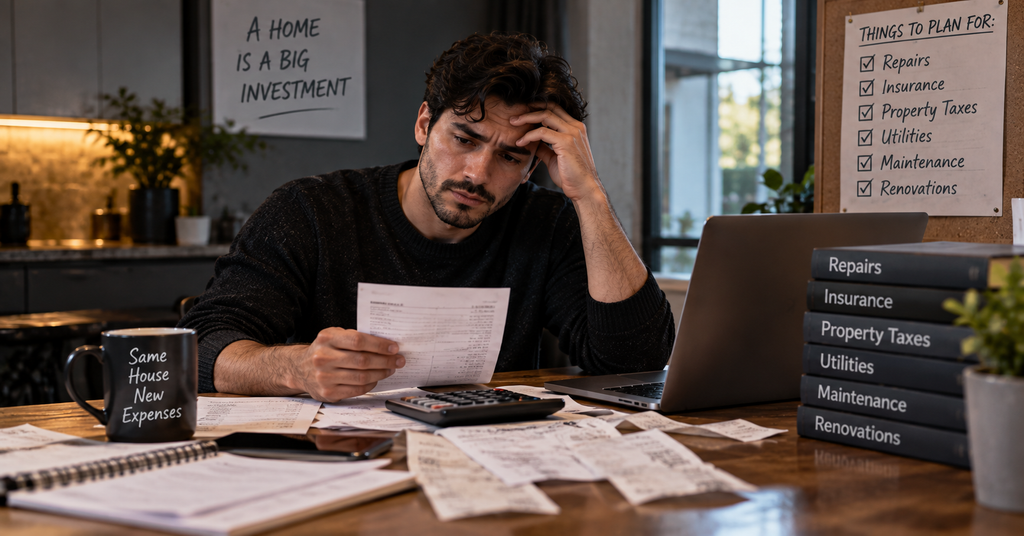 Homeowner reviewing bills and unexpected costs for repairs, insurance, property taxes and utilities