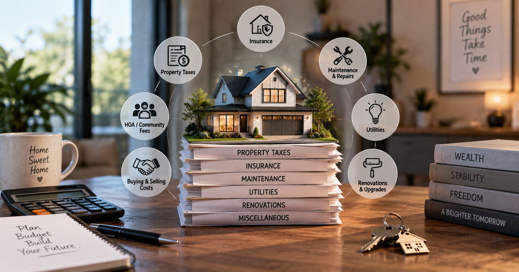 House model above documents showing property taxes, insurance, maintenance, utilities and renovation costs