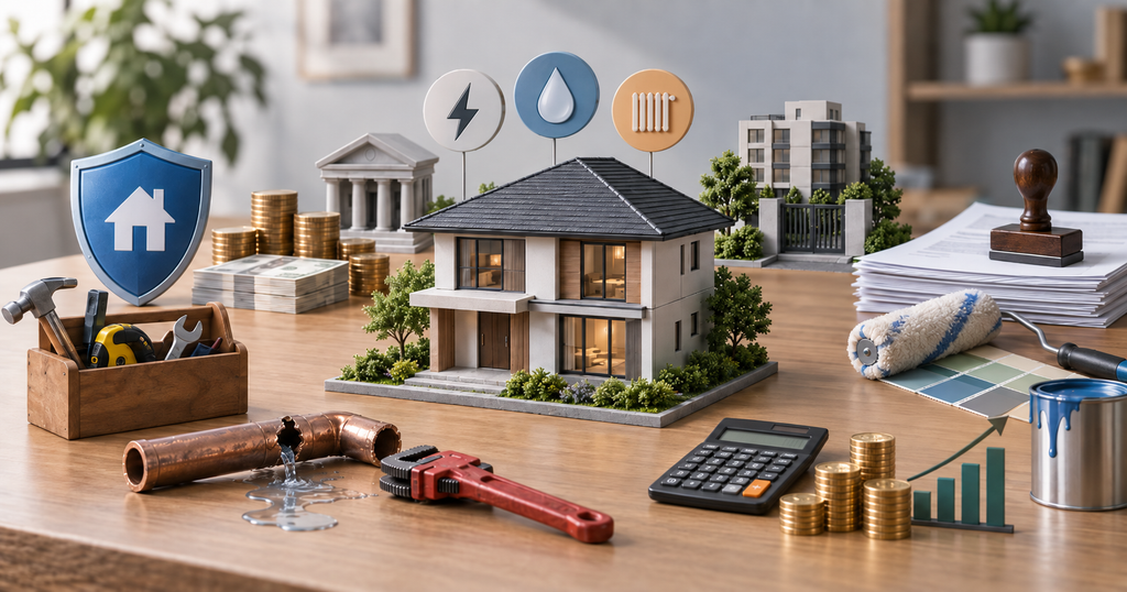 Model house surrounded by insurance, utilities, repair tools, taxes and other homeownership expenses