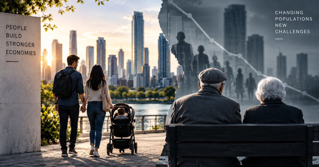 Young family and older generation illustrating the demographic shift behind population decline