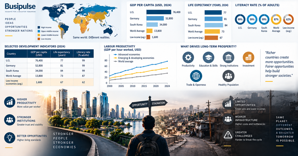 Development indicators showing GDP, life expectancy, literacy and productivity differences across economies
