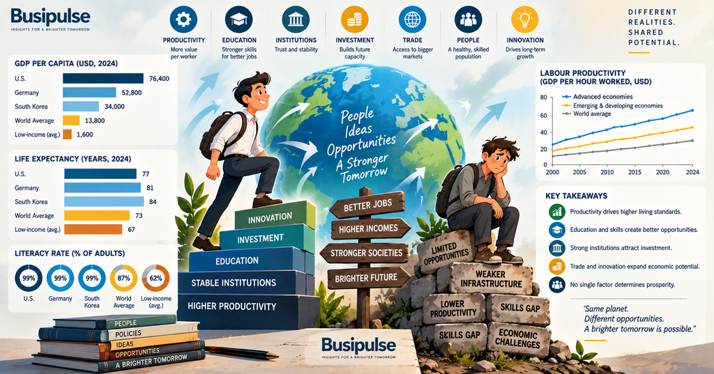Illustrated path from weak infrastructure and low productivity toward education, innovation and stronger institutions