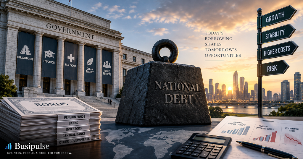 Government bonds, banks and investors surrounding a national debt weight outside a government building