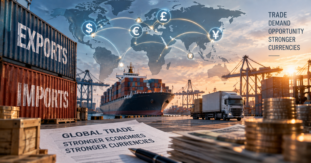 Global trade port with exports, imports and currency flows showing how trade influences currency demand