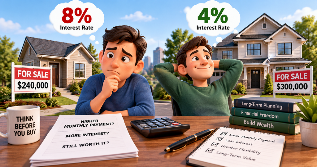 Cartoon comparison of a $240,000 home at 8% interest and a $300,000 home at 4% interest