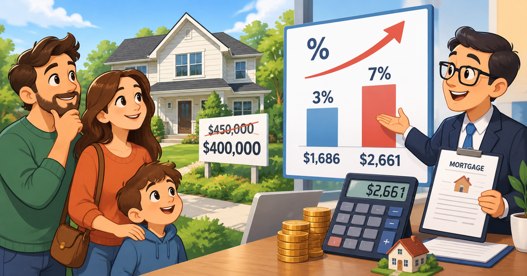 Cartoon illustration of a family comparing home prices and mortgage payments as interest rates rise