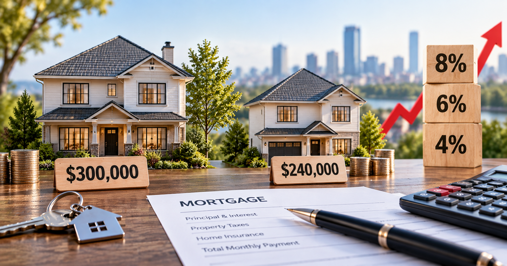 Comparison of $300,000 and $240,000 homes showing how higher mortgage rates affect housing affordability
