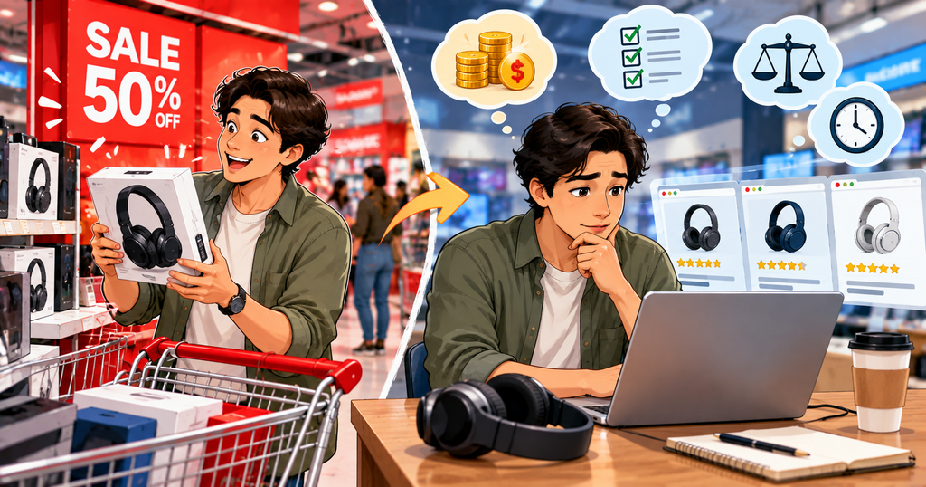 Shopper reconsidering discounted headphones and comparing alternatives before buying