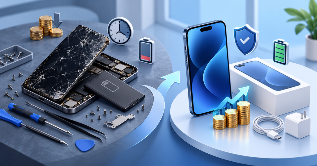 Damaged smartphone compared with a new phone when deciding whether repair or replacement offers better value