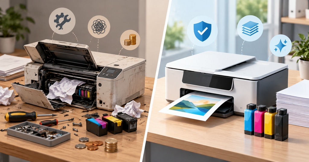 Broken printer compared with a new printer when evaluating repair cost, reliability and replacement value
