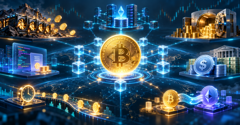 How are cryptocurrencies created through mining, staking, token minting, stablecoin issuance and blockchain networks