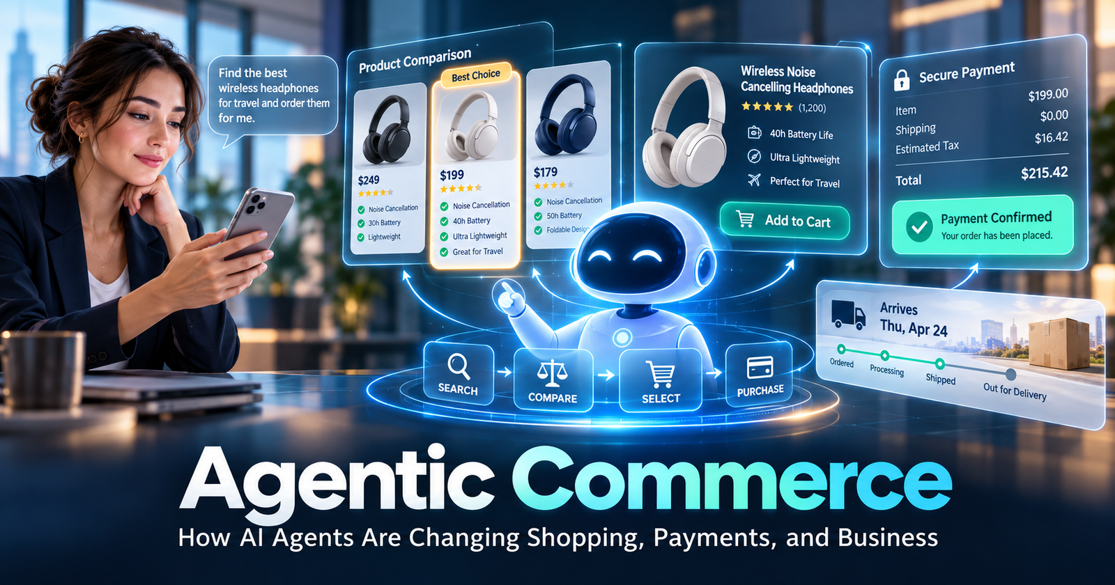 Agentic commerce with AI shopping agents handling product comparison and secure payments