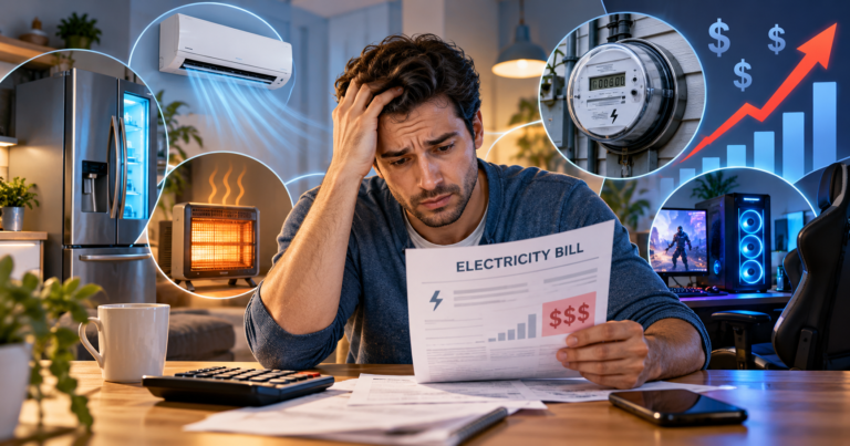 Why is my electric bill so high? A homeowner reviewing an unexpectedly high electricity bill.