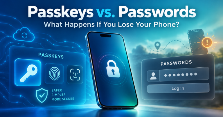 Passkeys vs Passwords showing secure authentication, smartphone security, and account recovery after losing a phone