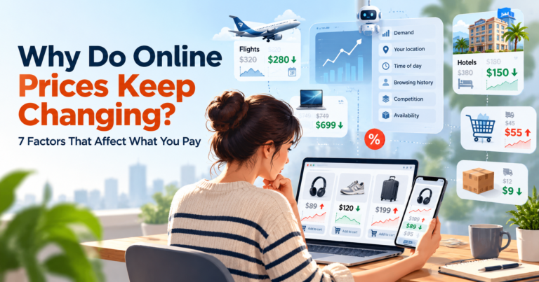 Why do online prices keep changing? Shopper comparing flight, hotel, and retail prices