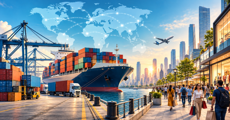 International shipping port and consumer marketplace illustrating export opportunities in large consumer markets