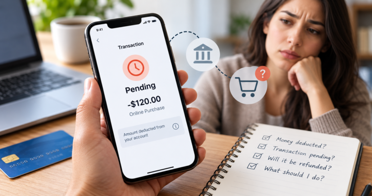 Customer checking a pending online payment on a smartphone after their available bank balance decreases