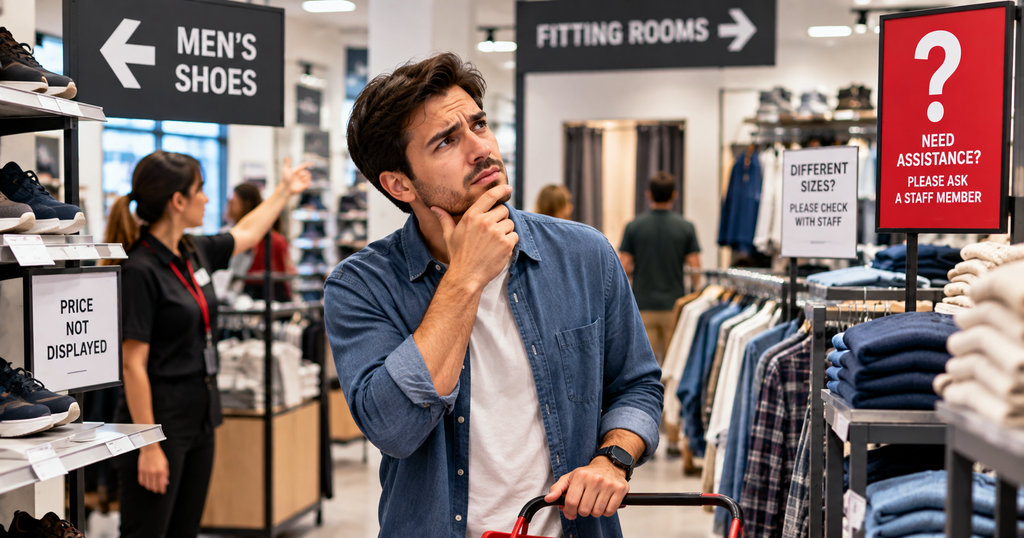 Confused shopper in a clothing store where product prices and assistance are unclear