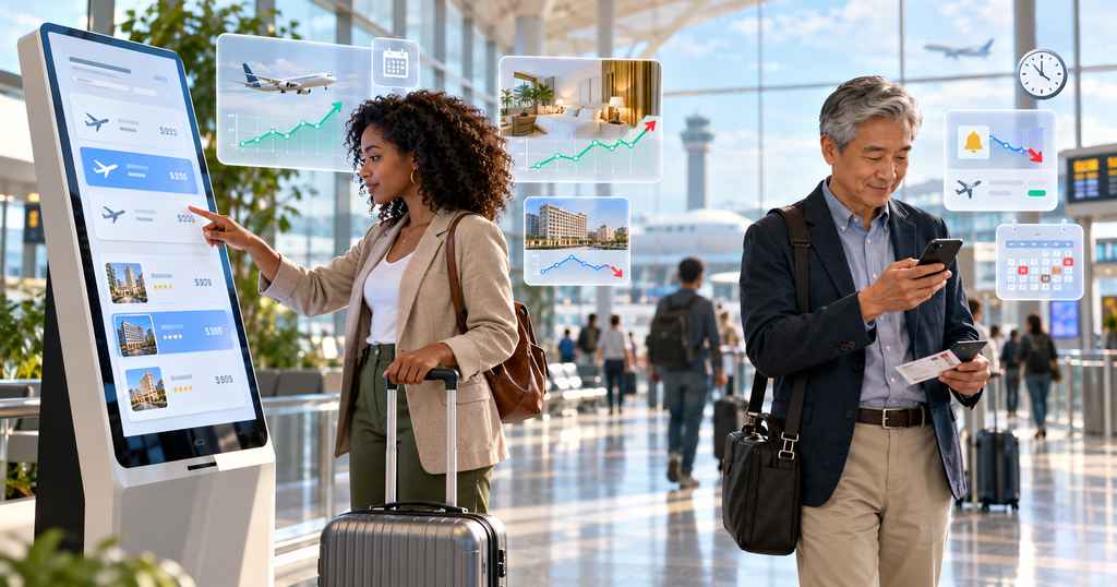 Travelers checking changing flight and hotel prices at an airport using booking screens and smartphones