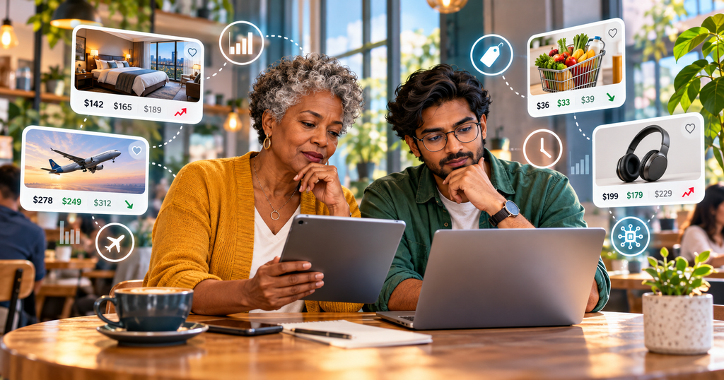 Shoppers comparing online flight, hotel, grocery, and electronics prices using digital devices