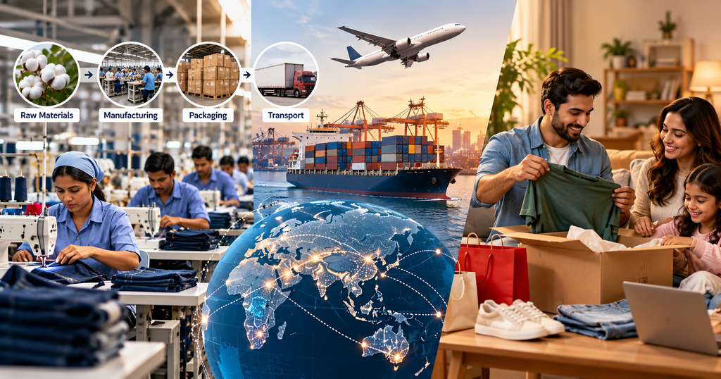 International export supply chain showing textile manufacturing, product packaging, global transportation and final consumers